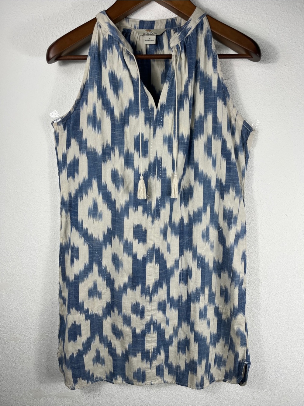 Womens Sleeveless Navy Cream Pattern 100% Cotton Dress Size S Bohemian Travel